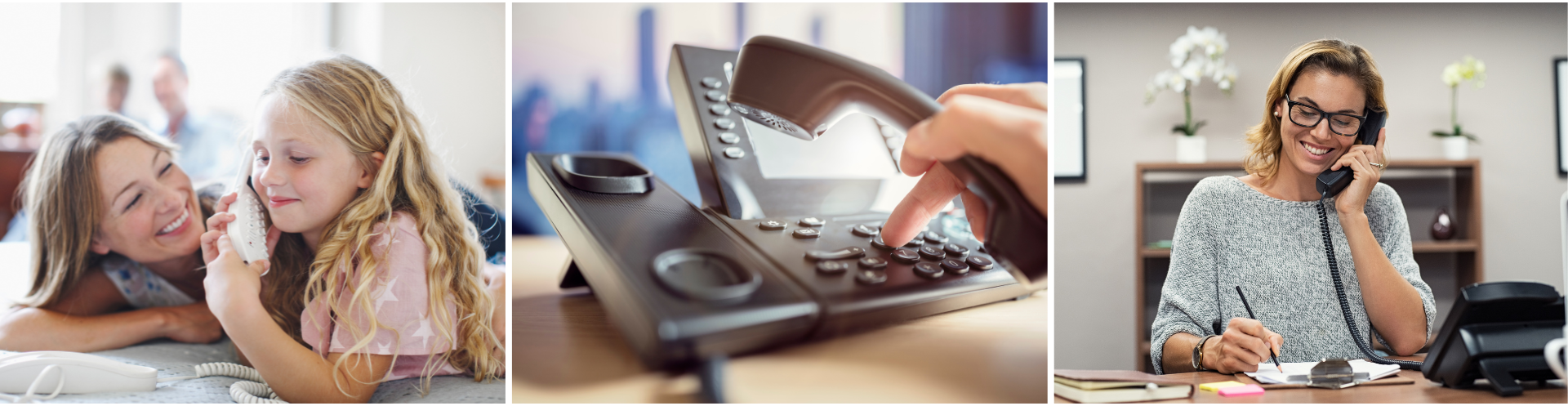 mother and daughter on phone, voip phone, woman on office phone